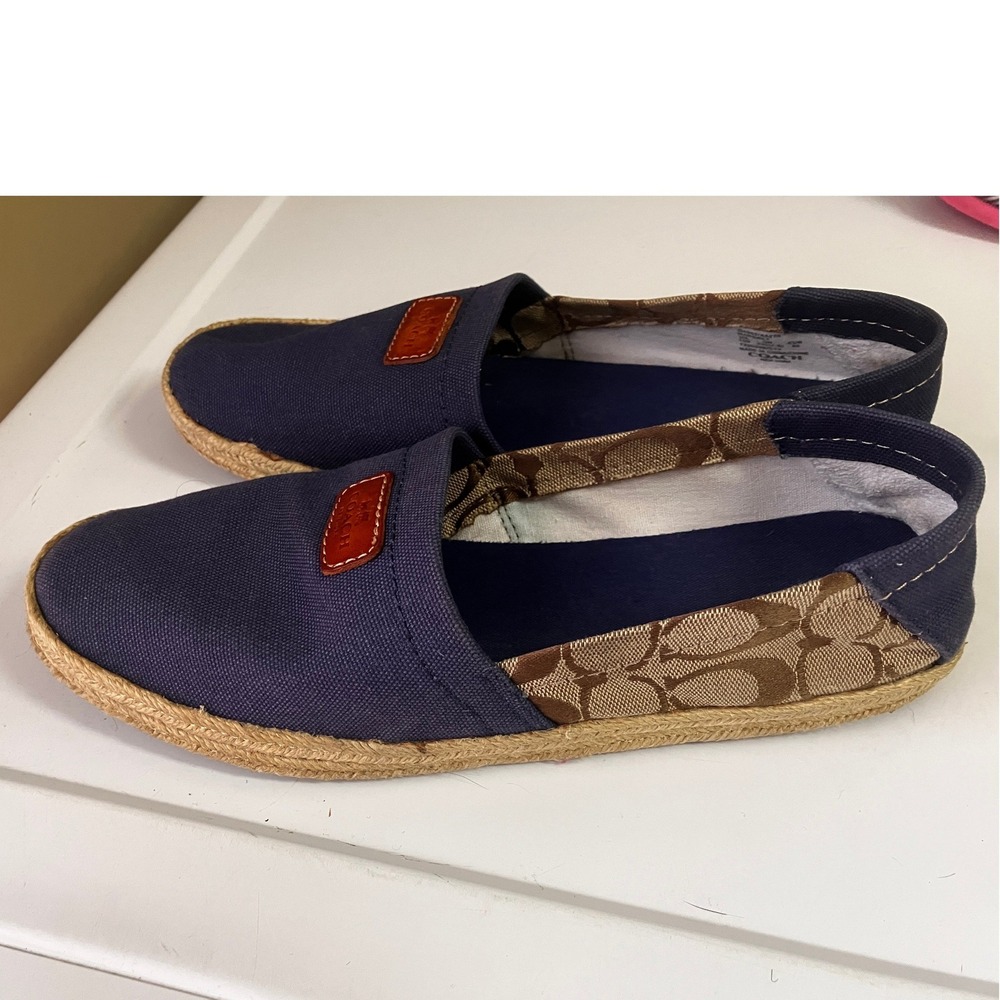Coach Margret Navy Canvas Signature Monogram Espadrille Flats Womens 10B Q4052